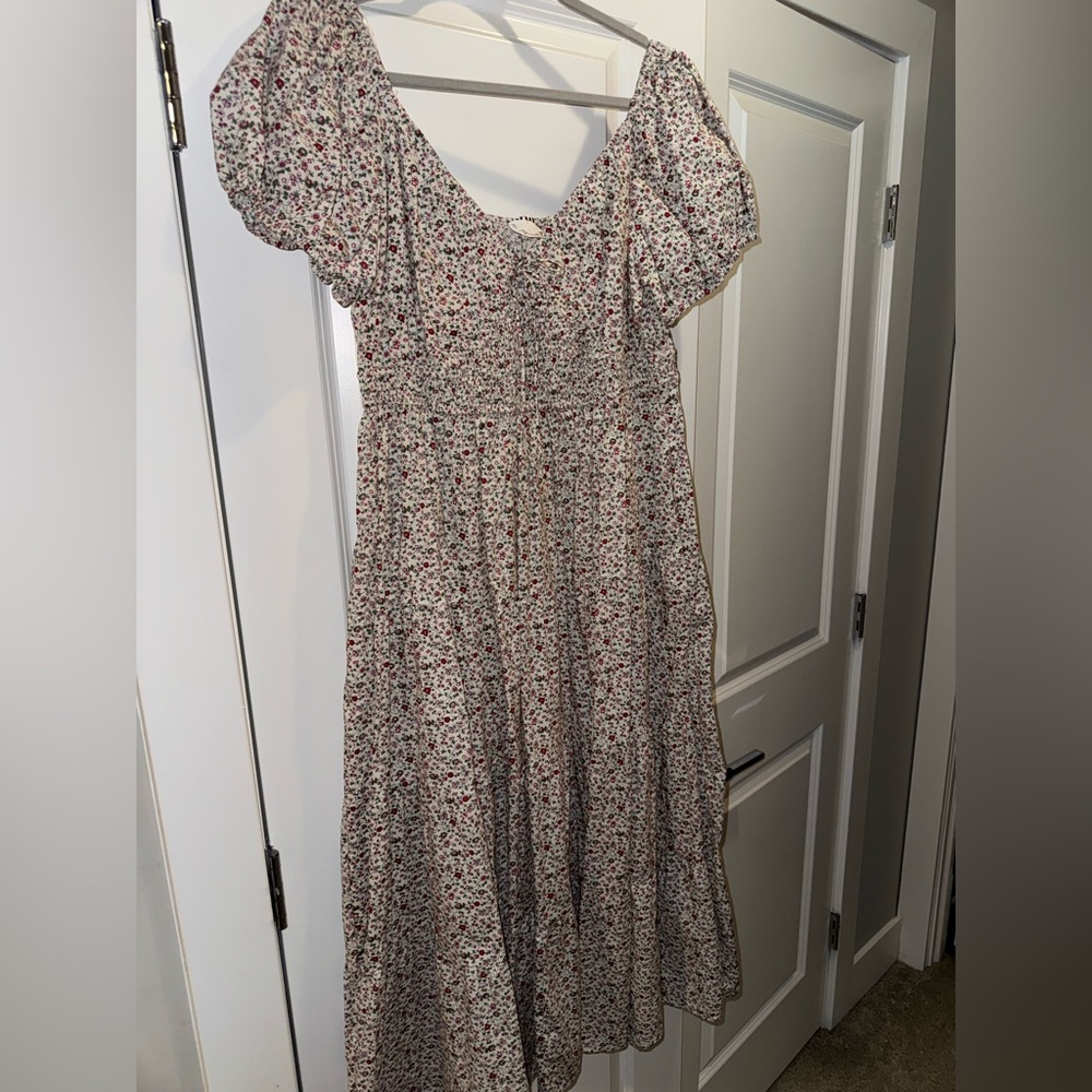 ARULA 100% Cotton Floral Puff Sleeve Maxi Dress in Cream and Red size X